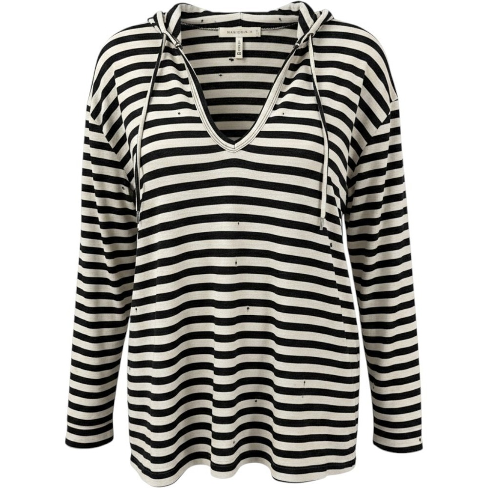 Emma & Sam Womens Hoodie M Black White Striped USA Distressed V-Neck Grunge
